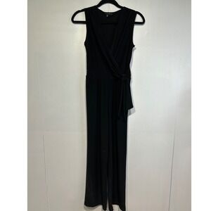 Tahari Jumpsuit Women Small Black Sleeveless Wrap Front Wide Leg‎ Side Tie